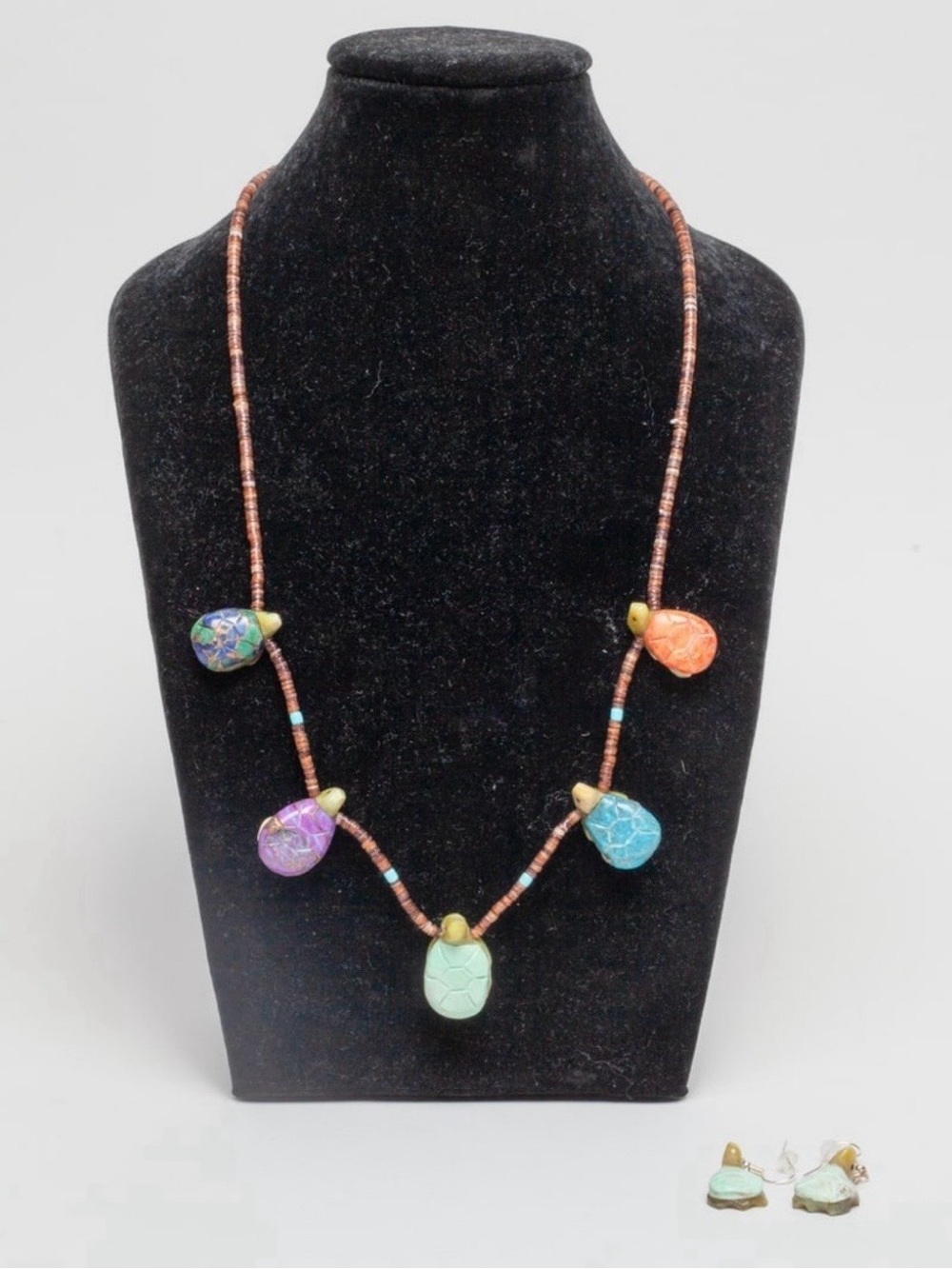 Vintage Zuni Multi Stone Turtle Fetish Heishi Necklace Earrings Set 23”